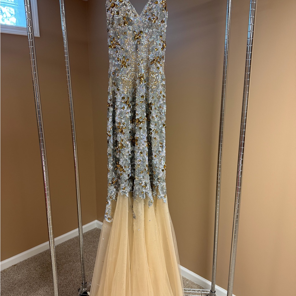 Jovani Silver And Gold Beaded Evening Dress